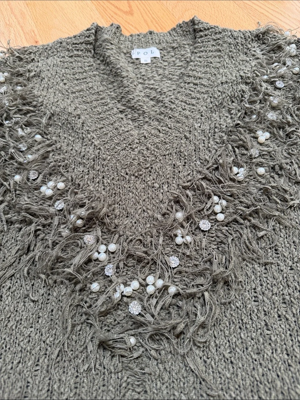 POL Size S Olive Green V-Neck Fringe Sweater with Bead and rhinestone Accent